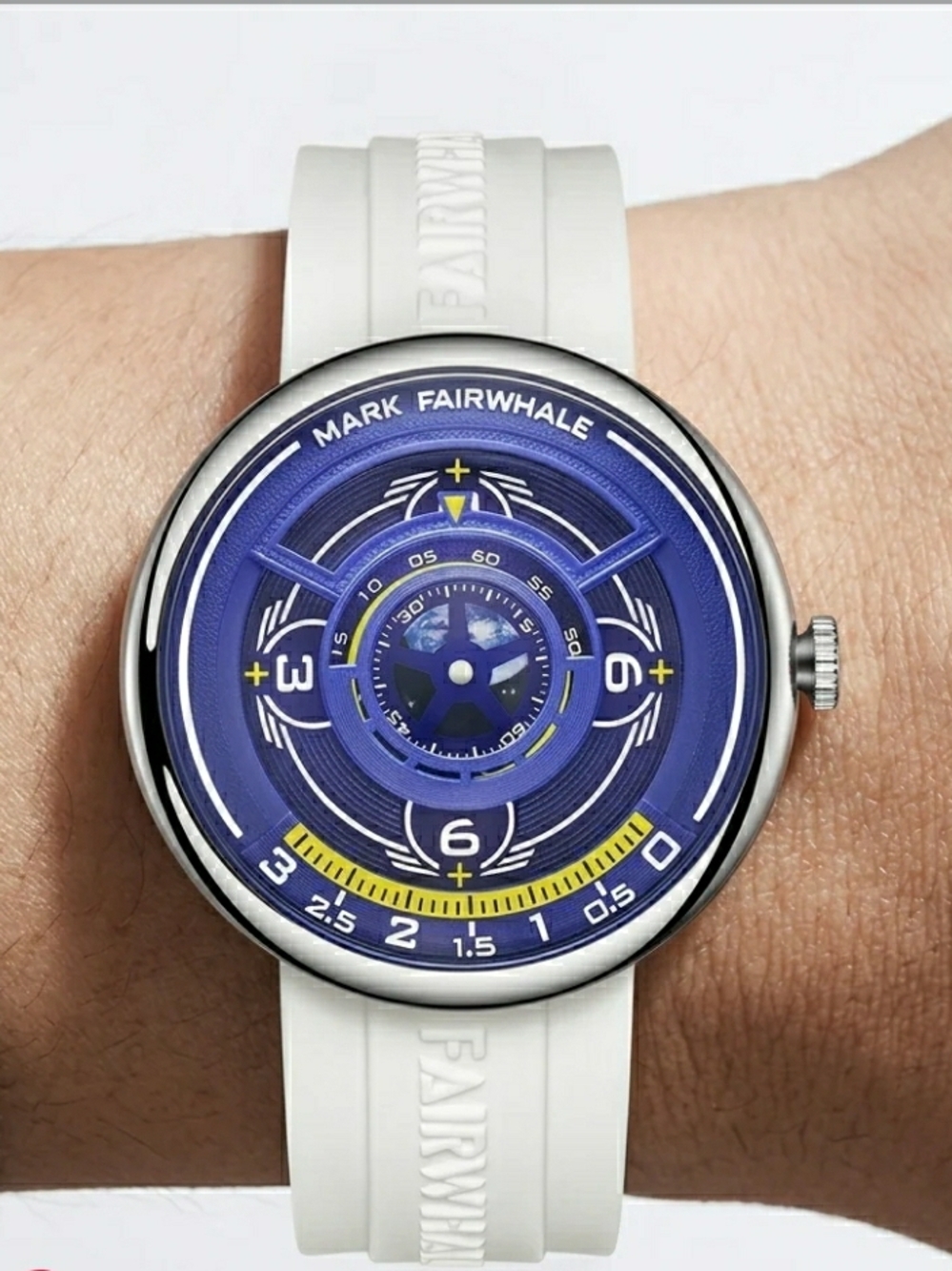 MARK FAIRWHALE Men's Personality Blue Dial Casual Sports Hollow Out White Strap